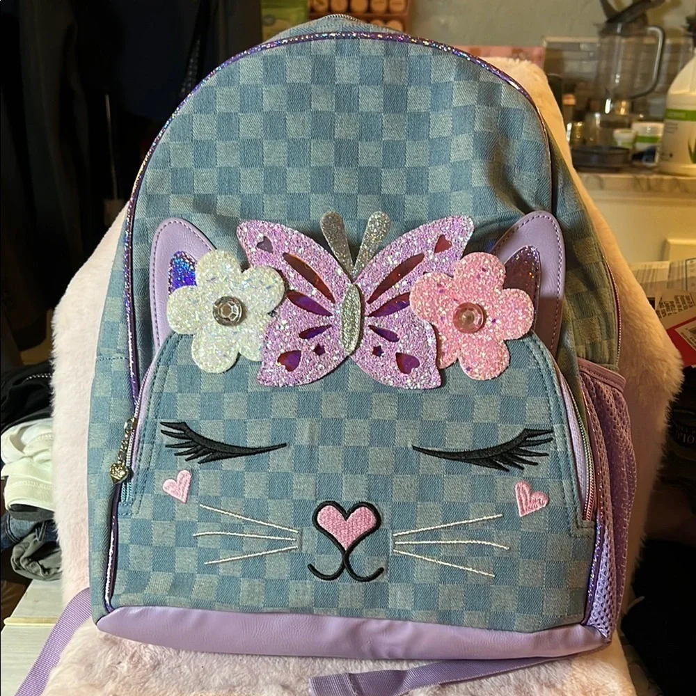 Purple and Pink Kawaii Backpack with Butterfly and Flower Accents  D 03